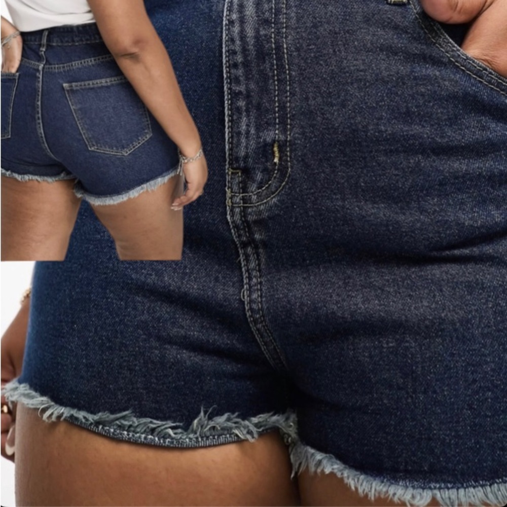 DTT Plus frayed hem shorts in dark wash blue